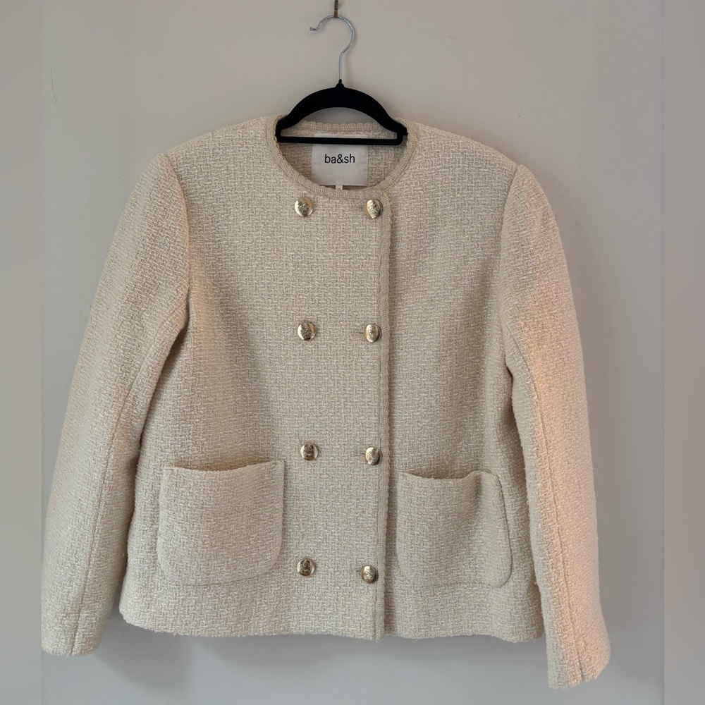 Ba&sh Textured Cream Blazer with Gold Buttons (Large)